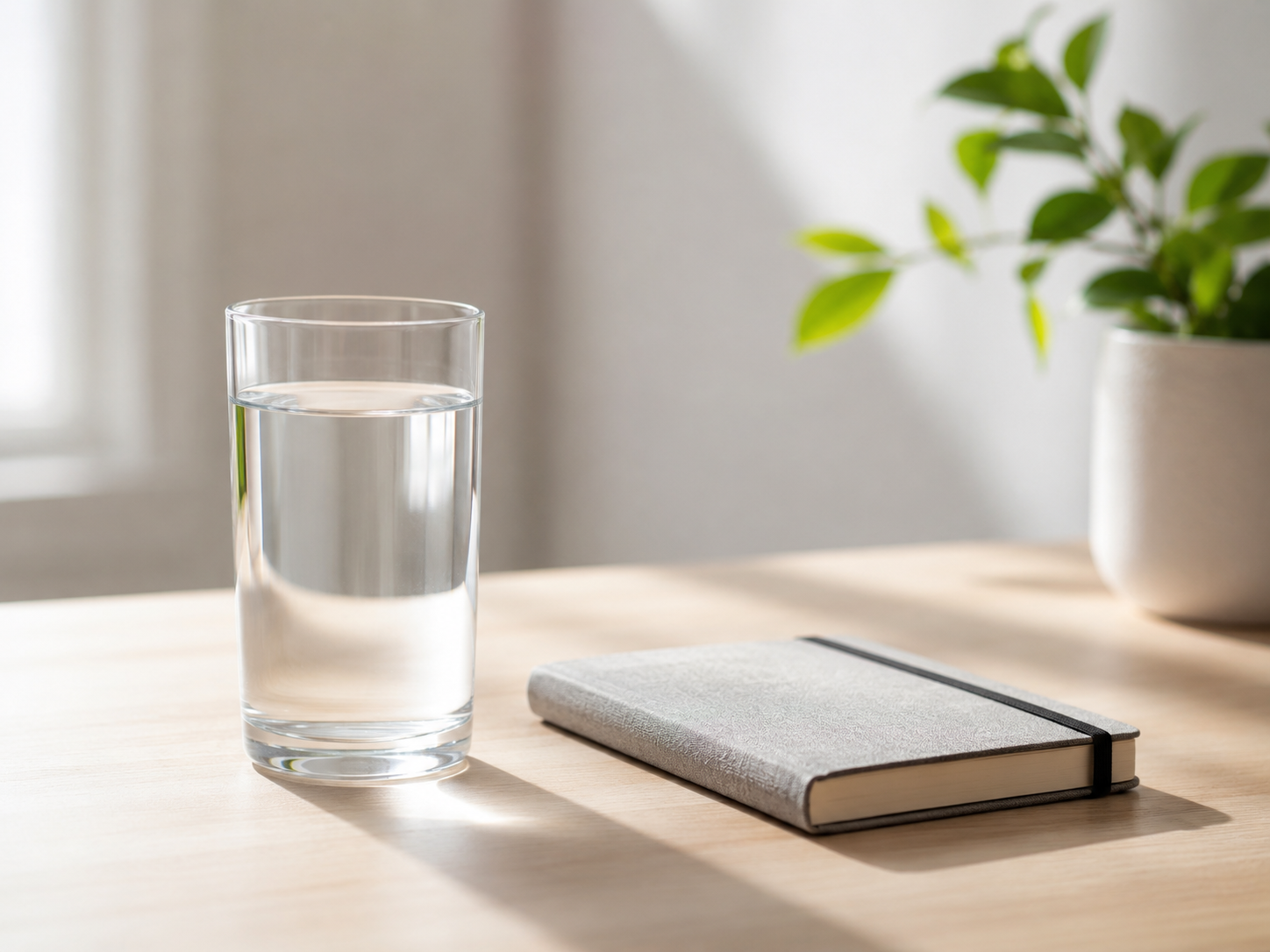 Glass of water on a desk, a simple fix for dehydration-related brain fog