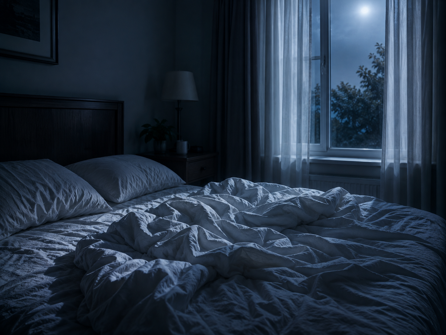 Empty bed in soft moonlight, a quiet bedroom scene at night