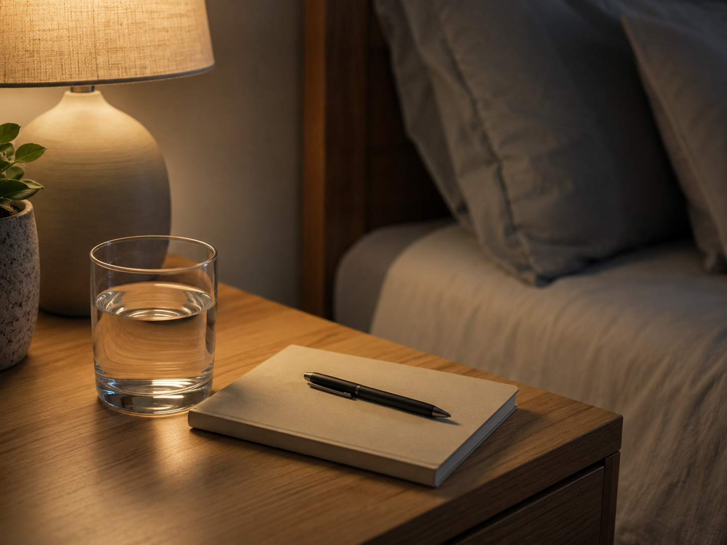 Water glass and notebook for an evening wind-down routine before bed